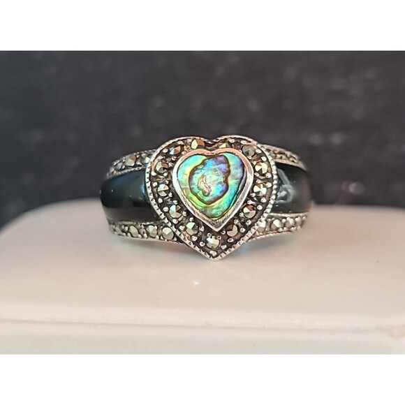 925 Sterling Abalone Shell Marcasite & Enamel Statement Ring, Size US 4.75 - Picture 1 of 10